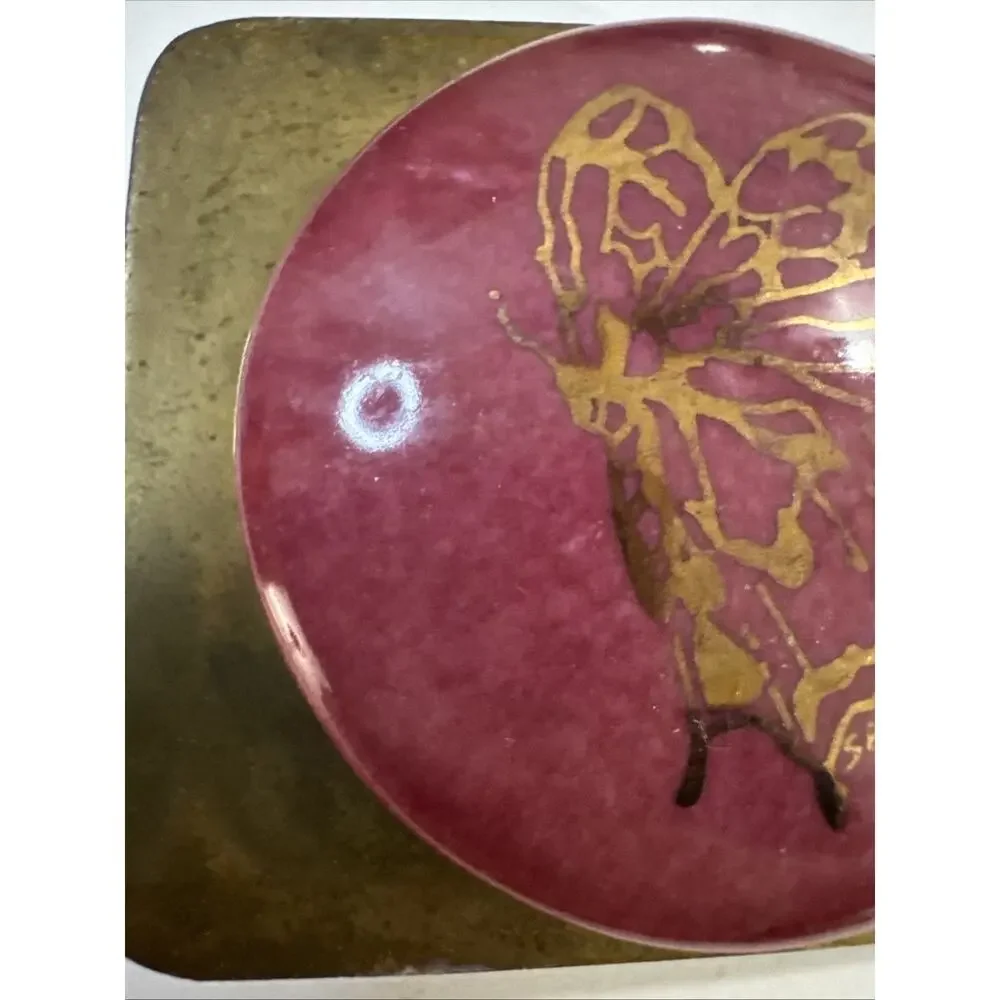 Vintage Brass Butterfly Belt Buckle - Pink Enamel Oval Mid Century Style